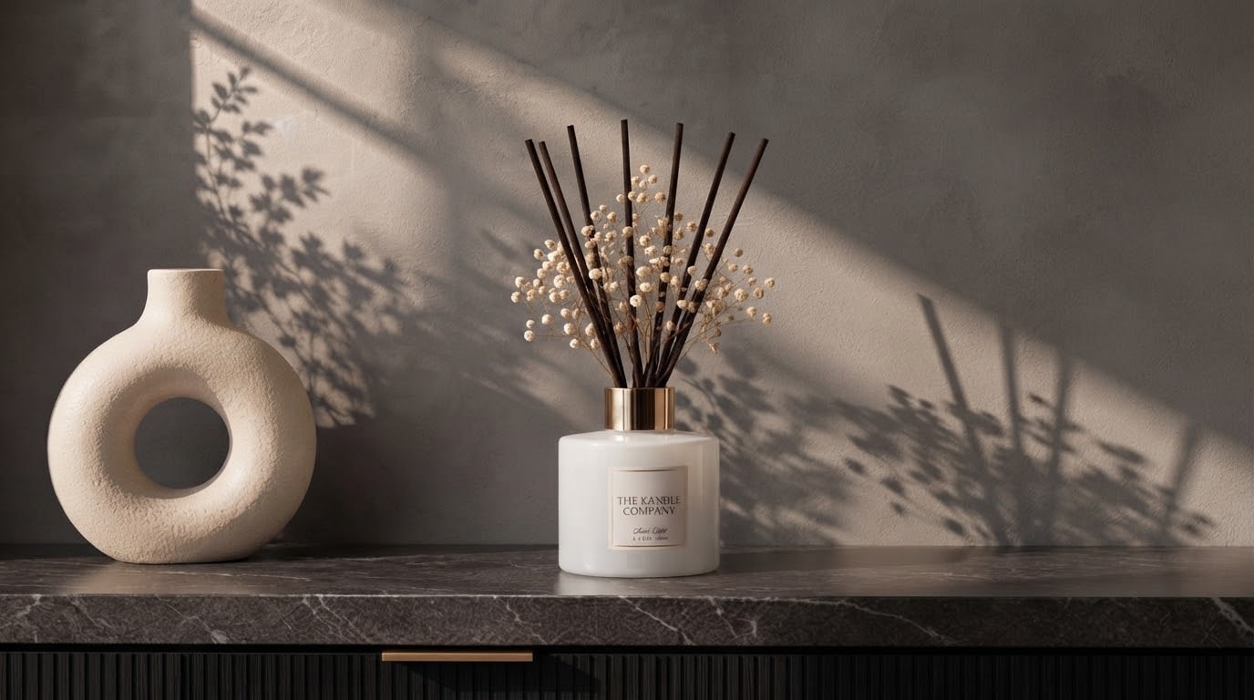 A white reed diffuser and a pale vase on a marble sideboard in window light