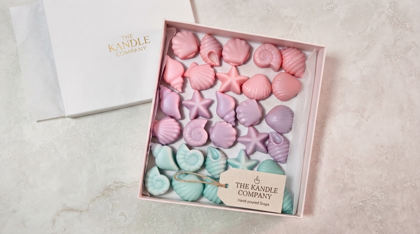 An open gift box of shell-shaped soaps in pink, lilac and mint, its lid alongside